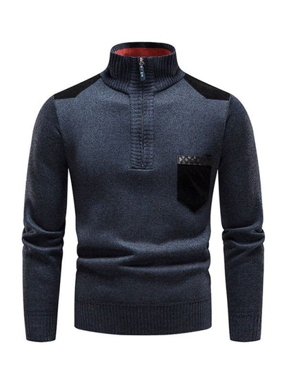 Thickened Half-Zip Stand-Up Collar Pullover Sweater for Men - Stylish Patchwork Knit for Ultimate Comfort and Versatility