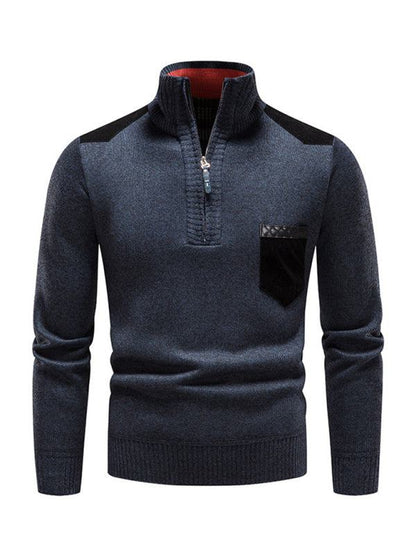 Thickened Half-Zip Stand-Up Collar Pullover Sweater for Men - Stylish Patchwork Knit for Ultimate Comfort and Versatility