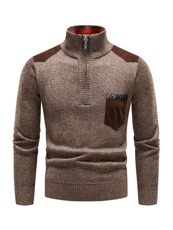 Thickened Half-Zip Stand-Up Collar Pullover Sweater for Men - Stylish Patchwork Knit for Ultimate Comfort and Versatility