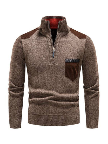 Thickened Half-Zip Stand-Up Collar Pullover Sweater for Men - Stylish Patchwork Knit for Ultimate Comfort and Versatility