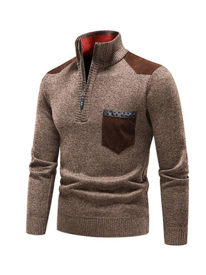 Thickened Half-Zip Stand-Up Collar Pullover Sweater for Men - Stylish Patchwork Knit for Ultimate Comfort and Versatility