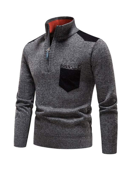 Thickened Half-Zip Stand-Up Collar Pullover Sweater for Men - Stylish Patchwork Knit for Ultimate Comfort and Versatility