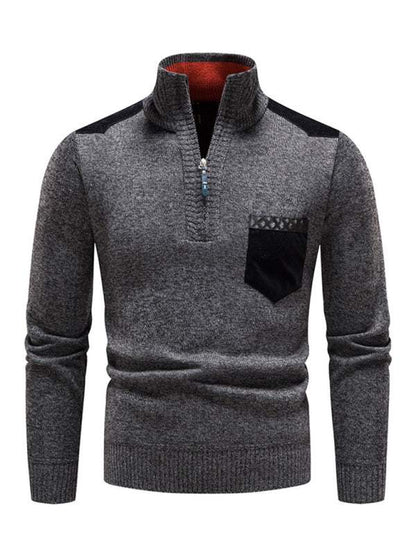 Thickened Half-Zip Stand-Up Collar Pullover Sweater for Men - Stylish Patchwork Knit for Ultimate Comfort and Versatility