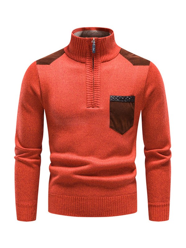 Thickened Half-Zip Stand-Up Collar Pullover Sweater for Men - Stylish Patchwork Knit for Ultimate Comfort and Versatility