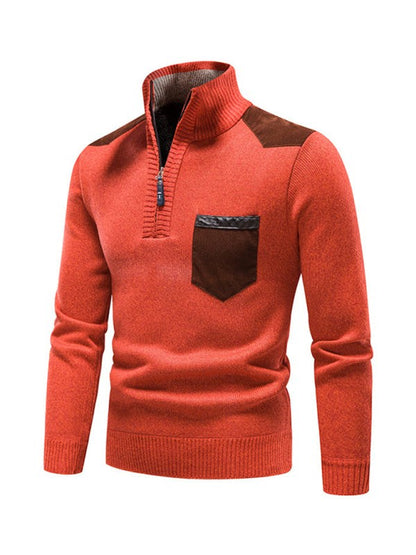 Thickened Half-Zip Stand-Up Collar Pullover Sweater for Men - Stylish Patchwork Knit for Ultimate Comfort and Versatility