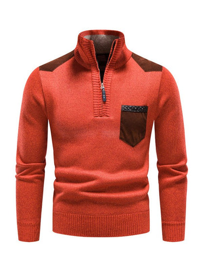 Thickened Half-Zip Stand-Up Collar Pullover Sweater for Men - Stylish Patchwork Knit for Ultimate Comfort and Versatility