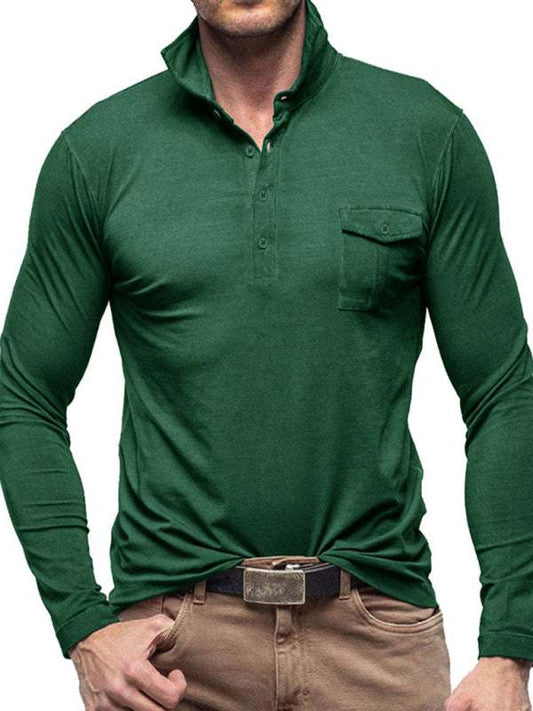 Men's green lapel polo solid color long sleeve shirt with a welt pocket.