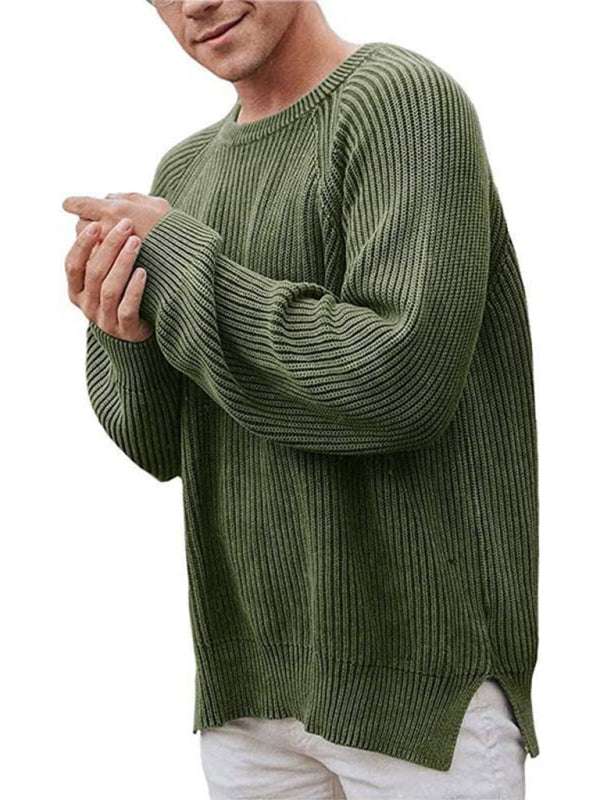 Men's green solid color knit crew neck sweater, autumn-winter pullover.