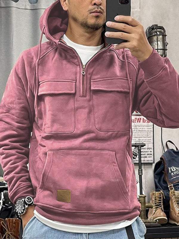 Men's hooded solid color sports leather sweatshirt jacket with multi-pockets in pink.