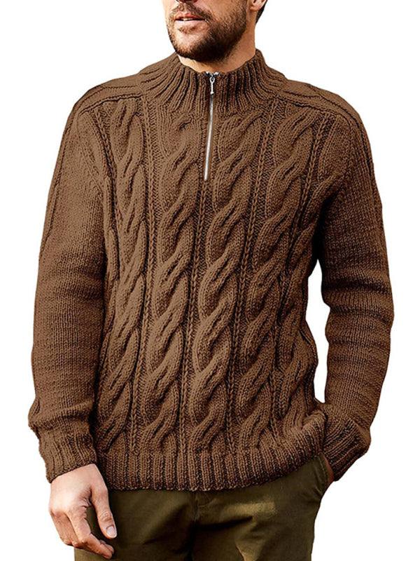 Men's solid color zipper half turtleneck long sleeve sweater, knit design, autumn-winter style.