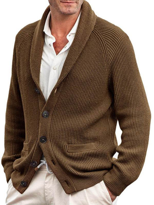 Men's brown knitted jacket with lapel and long sleeves, buttoned front, and solid pattern.