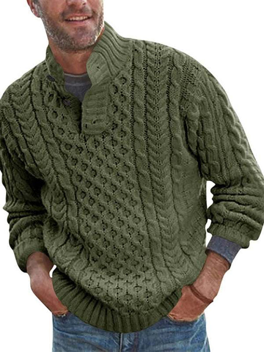 Men's green solid color half turtle collar slim fit long sleeve knitted sweater.