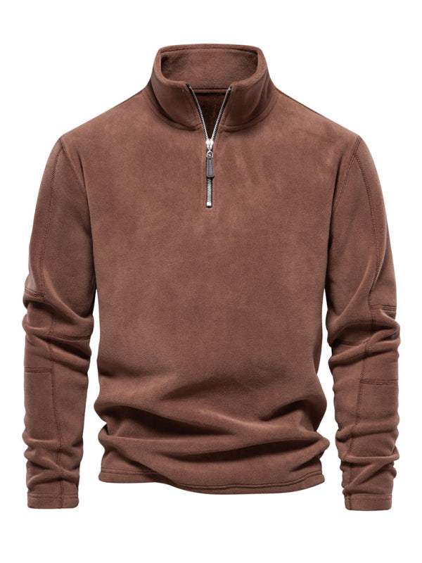 Men's polar fleece sweatshirt with stand collar, half zipper, and long sleeves in solid color, suitable for autumn-winter.