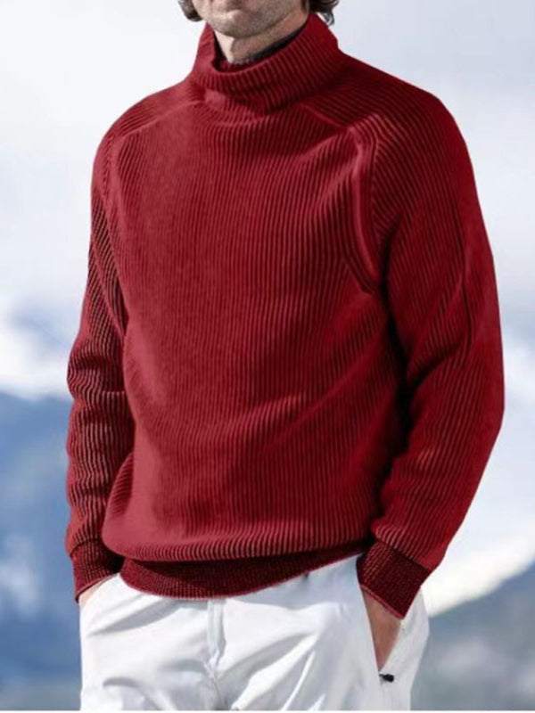 Men's high collar casual long sleeve knitted top in red.