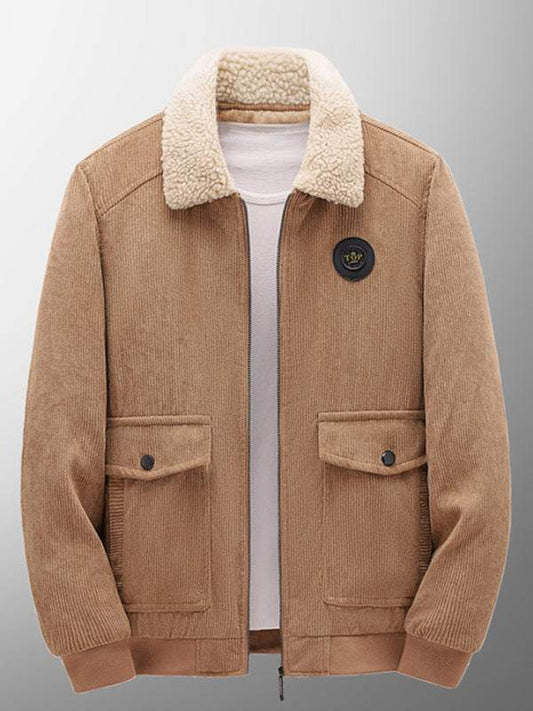 Men's lambswool lapel warm corduroy jacket, brown, with flap pockets and dropped shoulders.