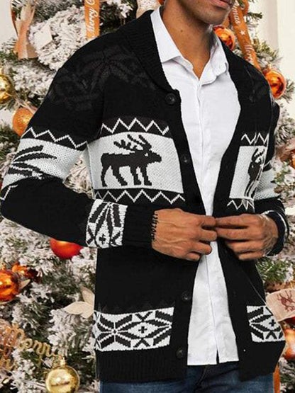 Festive Men's Jacquard Knit Cardigan Sweater for a Cozy Christmas Season