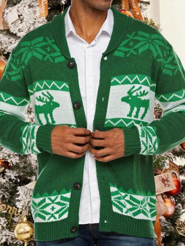 Festive Men's Jacquard Knit Cardigan Sweater for a Cozy Christmas Season