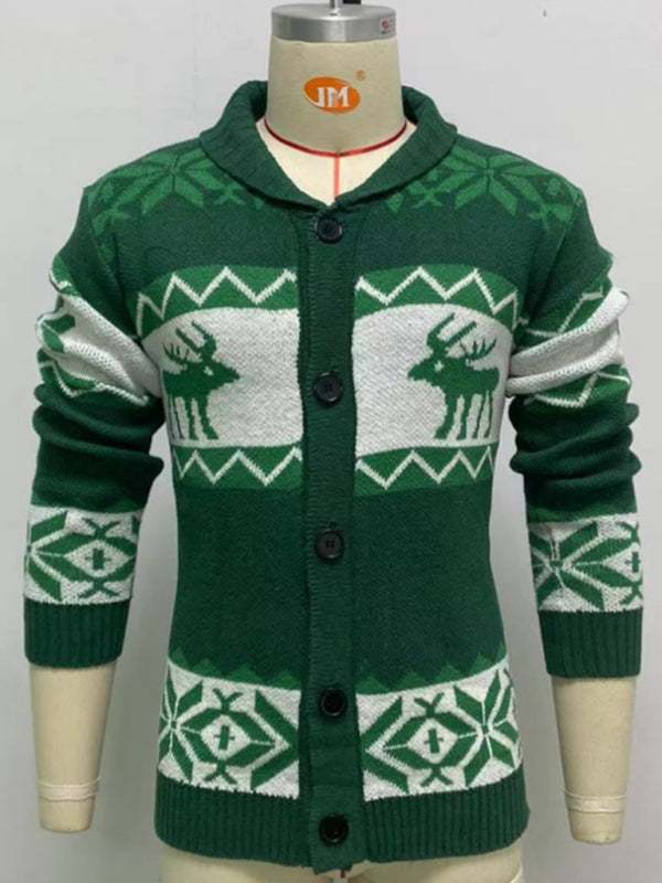 Festive Men's Jacquard Knit Cardigan Sweater for a Cozy Christmas Season