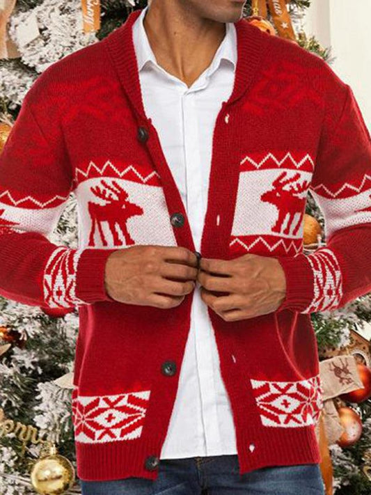 Men's red reindeer pattern knit cardigan sweater in festive holiday style.