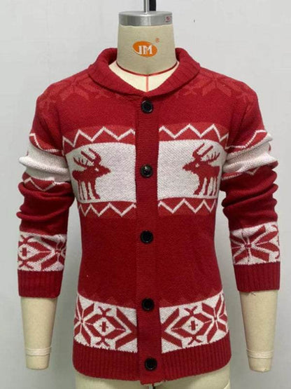 Festive Men's Jacquard Knit Cardigan Sweater for a Cozy Christmas Season