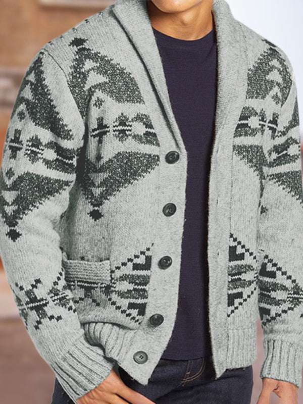 Festive Folk-Patterned Knit Cardigan for Men