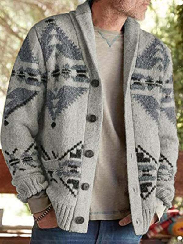 Festive Folk-Patterned Knit Cardigan for Men