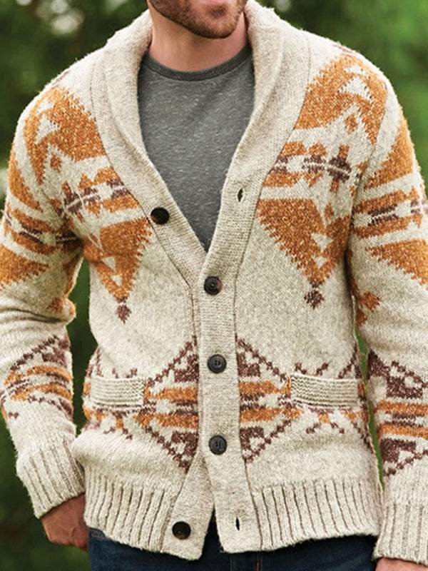 Men's ethnic pattern knit cardigan with button closure, beige base with orange and brown folk-custom design.