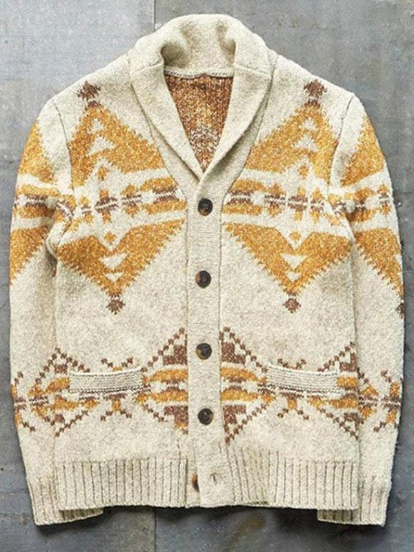 Festive Folk-Patterned Knit Cardigan for Men