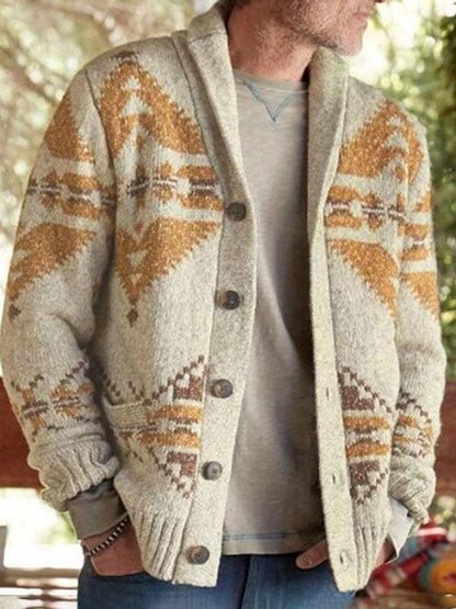 Festive Folk-Patterned Knit Cardigan for Men