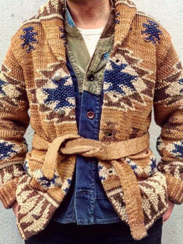 Men's folk pattern knit cardigan sweater with belt, featuring blue and brown design, open front, and layered style.