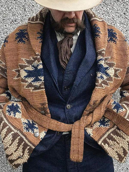 Festive Folk Pattern Knit Cardigan for Men – Cozy Holiday Style Sweater