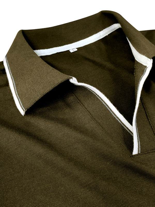 Stylish Contrast Long-Sleeve V-Neck Polo Shirt for Men - Elevate Your Casual Wardrobe