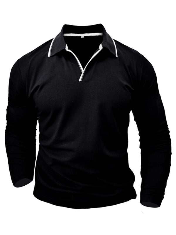 Stylish Contrast Long-Sleeve V-Neck Polo Shirt for Men - Elevate Your Casual Wardrobe