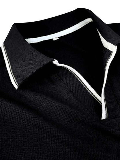 Stylish Contrast Long-Sleeve V-Neck Polo Shirt for Men - Elevate Your Casual Wardrobe