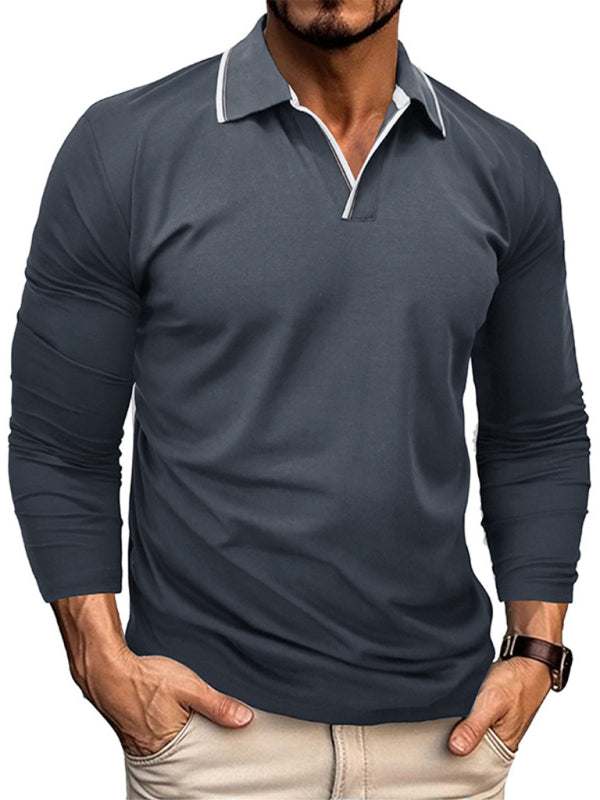 Stylish Contrast Long-Sleeve V-Neck Polo Shirt for Men - Elevate Your Casual Wardrobe