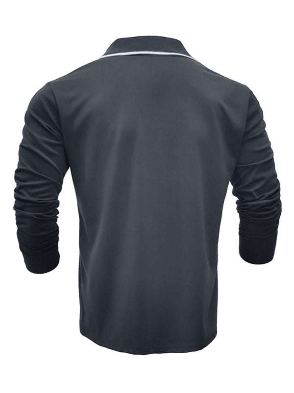 Stylish Contrast Long-Sleeve V-Neck Polo Shirt for Men - Elevate Your Casual Wardrobe