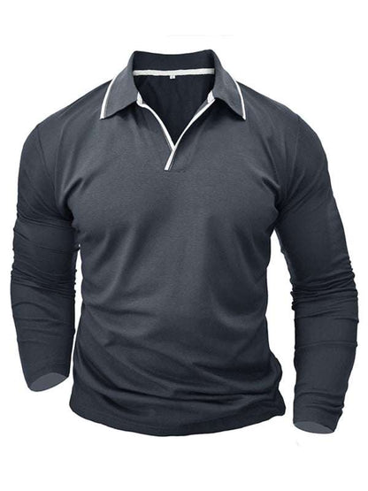 Stylish Contrast Long-Sleeve V-Neck Polo Shirt for Men - Elevate Your Casual Wardrobe