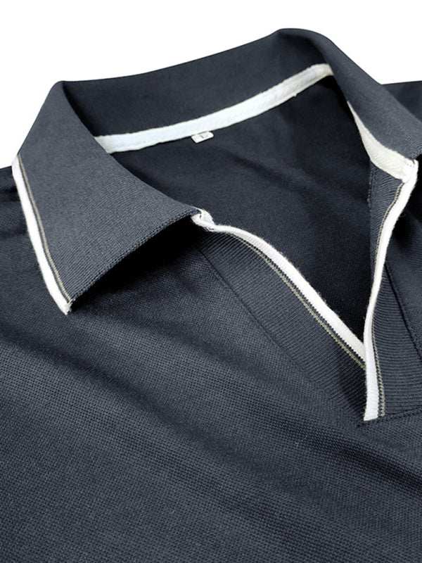 Stylish Contrast Long-Sleeve V-Neck Polo Shirt for Men - Elevate Your Casual Wardrobe