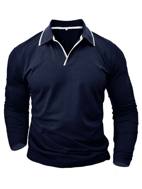 Stylish Contrast Long-Sleeve V-Neck Polo Shirt for Men - Elevate Your Casual Wardrobe