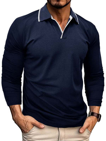 Stylish Contrast Long-Sleeve V-Neck Polo Shirt for Men - Elevate Your Casual Wardrobe