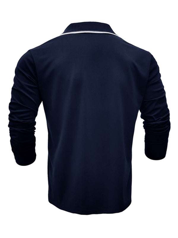 Stylish Contrast Long-Sleeve V-Neck Polo Shirt for Men - Elevate Your Casual Wardrobe