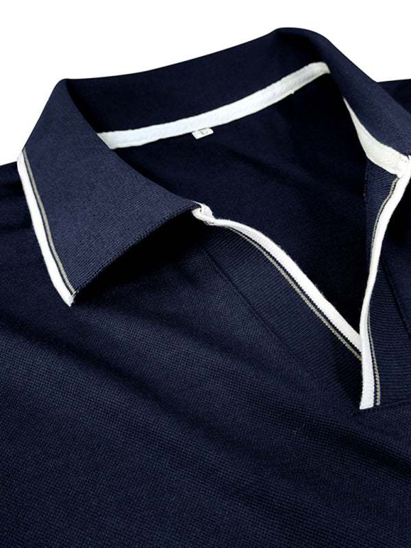 Stylish Contrast Long-Sleeve V-Neck Polo Shirt for Men - Elevate Your Casual Wardrobe