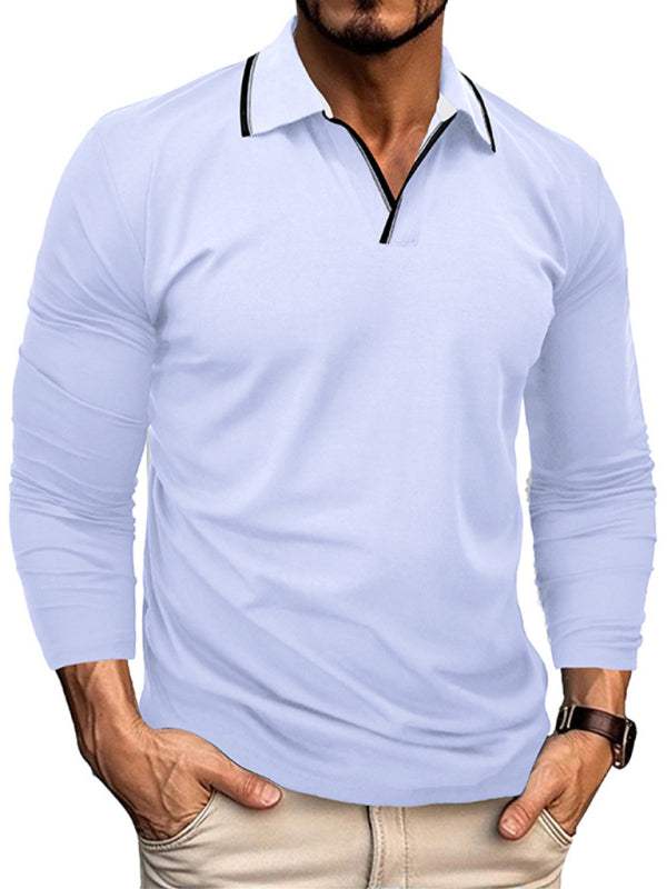 Stylish Contrast Long-Sleeve V-Neck Polo Shirt for Men - Elevate Your Casual Wardrobe