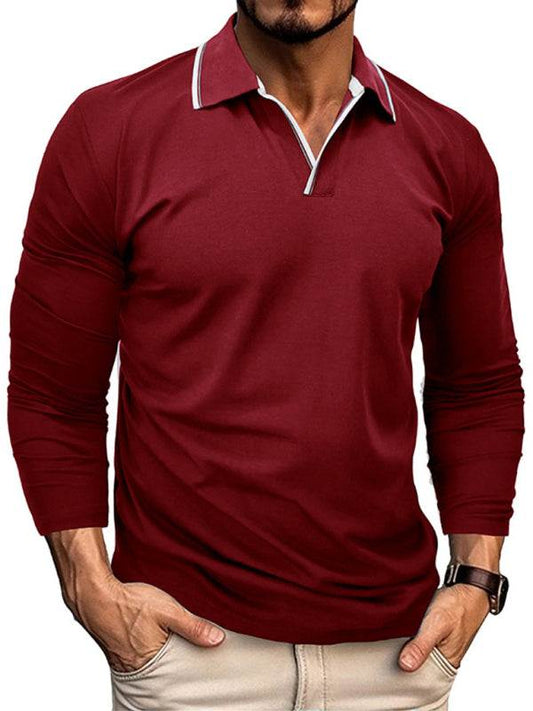 Men's long-sleeved V-neck polo shirt in contrasting color, polyester and cotton knit, leisure style.