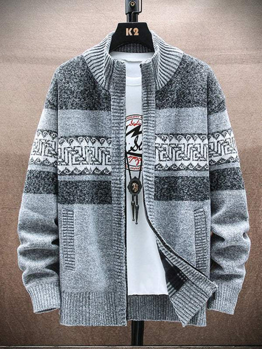 Men's stand-up collar cardigan sweater with geometric pattern and zipper, knit for autumn-winter, leisure style.