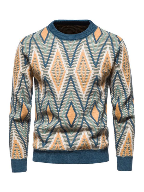 Festive Men's Diamond Jacquard Knit Sweater – Cozy Christmas Style for Every Occasion