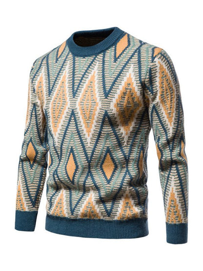 Festive Men's Diamond Jacquard Knit Sweater – Cozy Christmas Style for Every Occasion