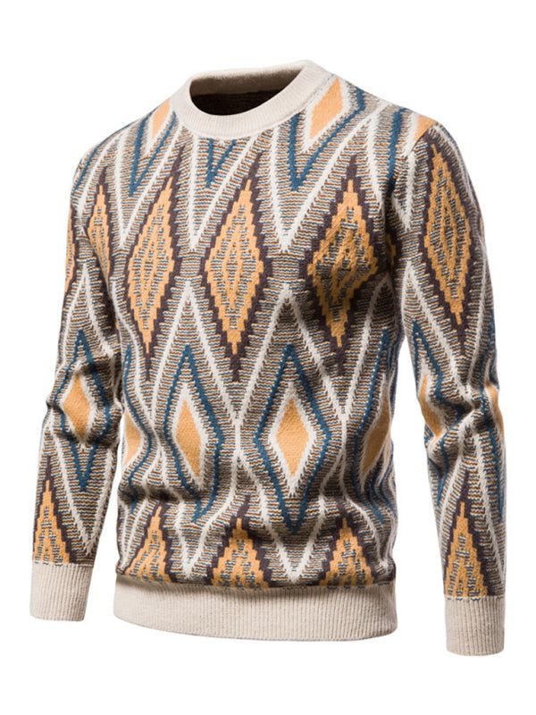 Men's Christmas crew neck diamond jacquard sweater with geometric pattern, autumn-winter knit.