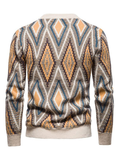 Festive Men's Diamond Jacquard Knit Sweater – Cozy Christmas Style for Every Occasion