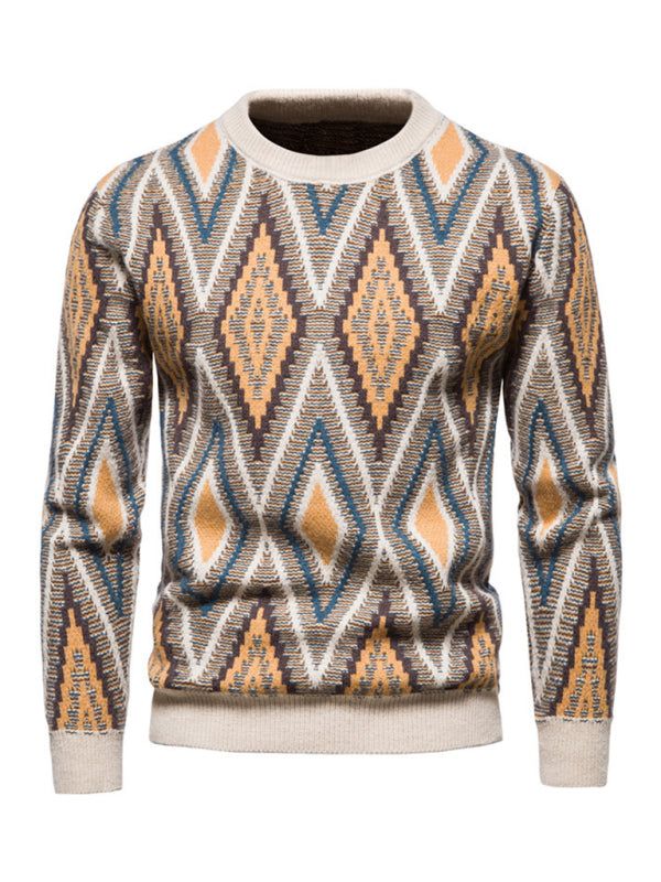 Festive Men's Diamond Jacquard Knit Sweater – Cozy Christmas Style for Every Occasion